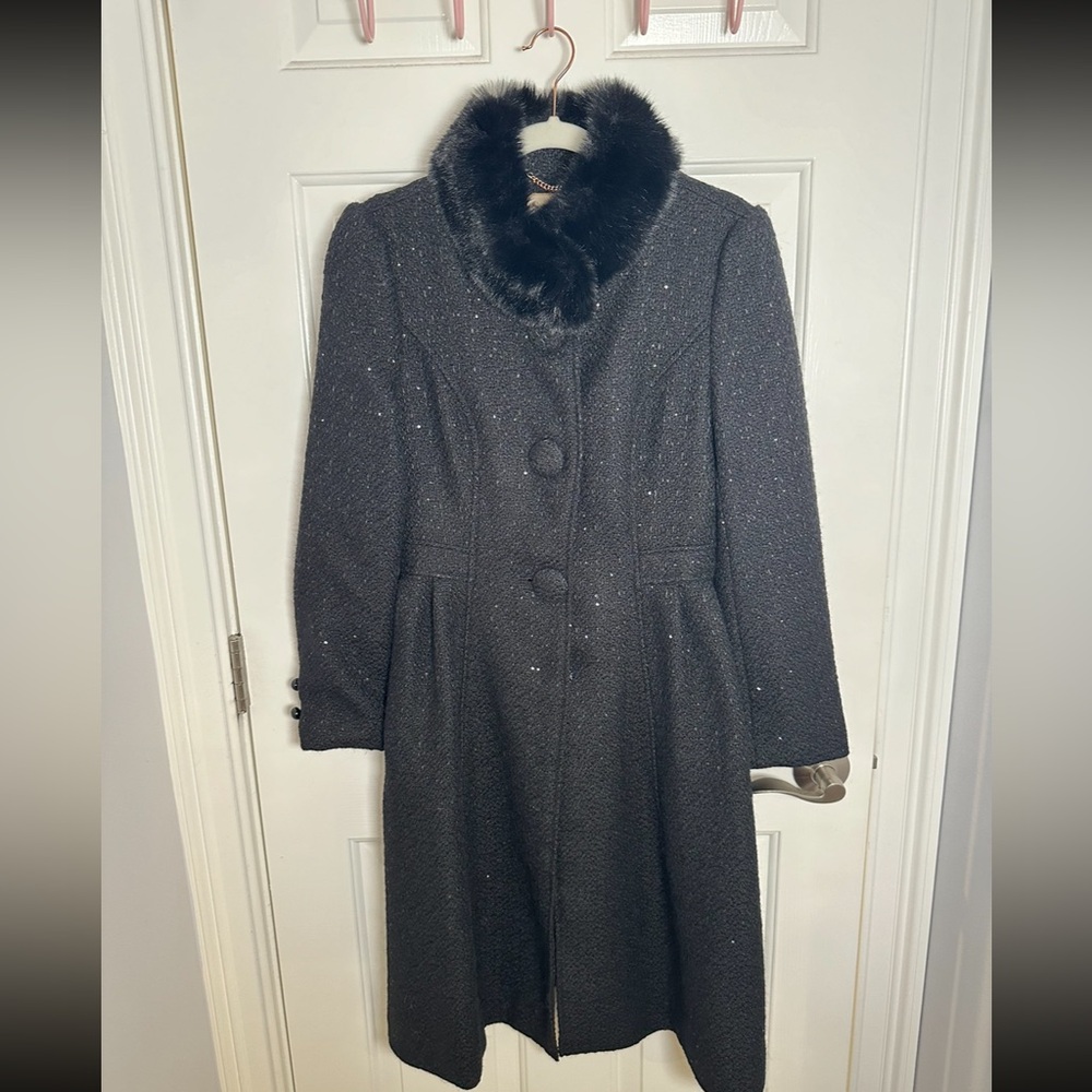 NWOT Santinni Couture ‘Starlet’ Wool Tweed Dress Coat with Faux Fur Collar